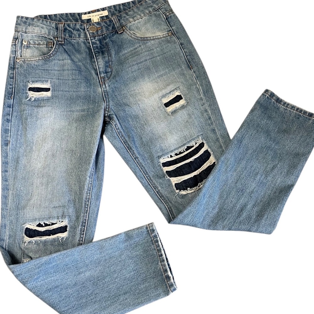 Life in Progress Jeans Women 25 Blue Excellent Distressed Patchwork Boyfriend